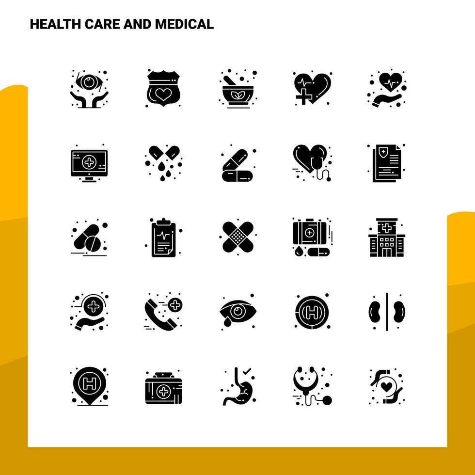 25 cuidados de saúde e conjunto de ícones médicos modelo de ilustração vetorial de ícone de glifo sólido para web e idéias móveis para empresa de negócios vetor