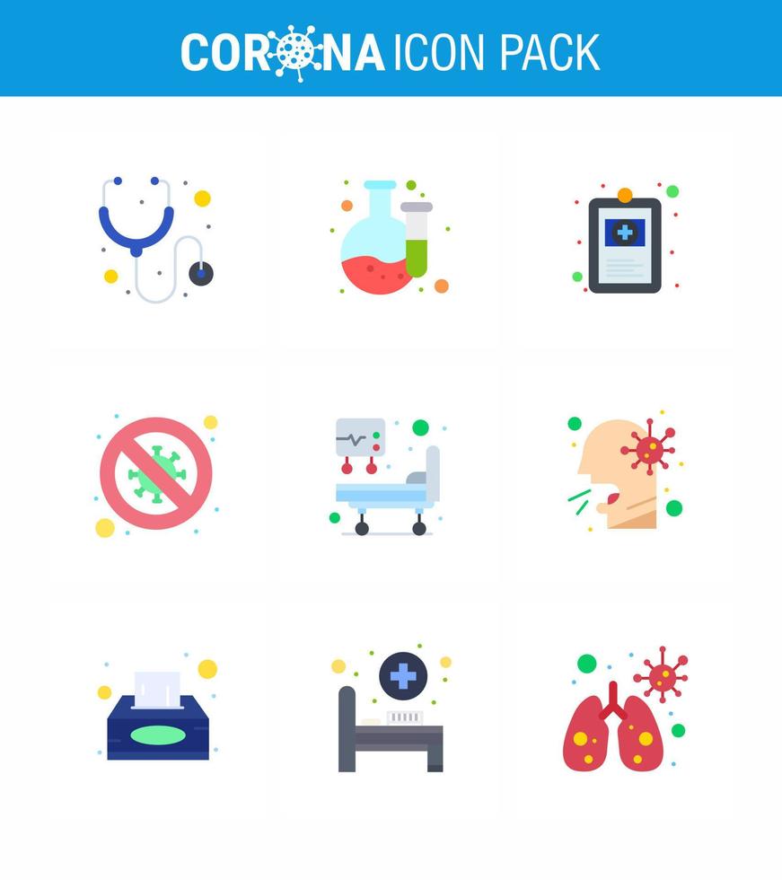 ícones de conscientização de coronavírus 9 ícone de cor plana relacionado à gripe do vírus da corona, como sinalização de UTI, gráfico de hospital, cientista proibido, coronavírus viral, doença de 2019nov, elementos de design vetorial vetor