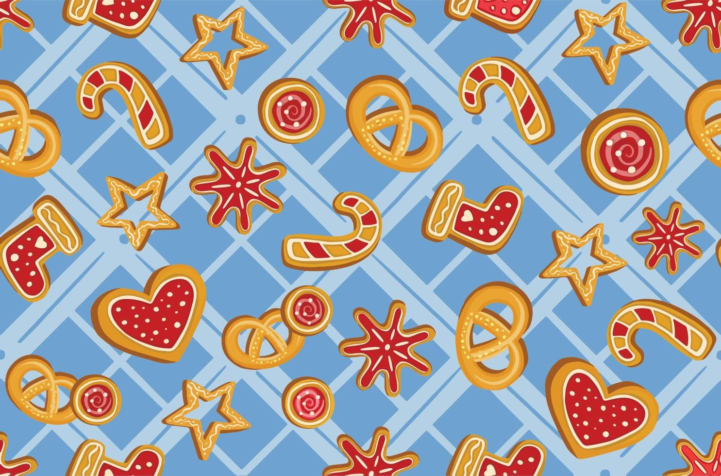 padrões sem emenda de inverno com biscoitos de gengibre. fundo de férias incrível. textura de repetição de natal para design de superfície, papéis de parede, tecidos, papel de embrulho etc. vetor