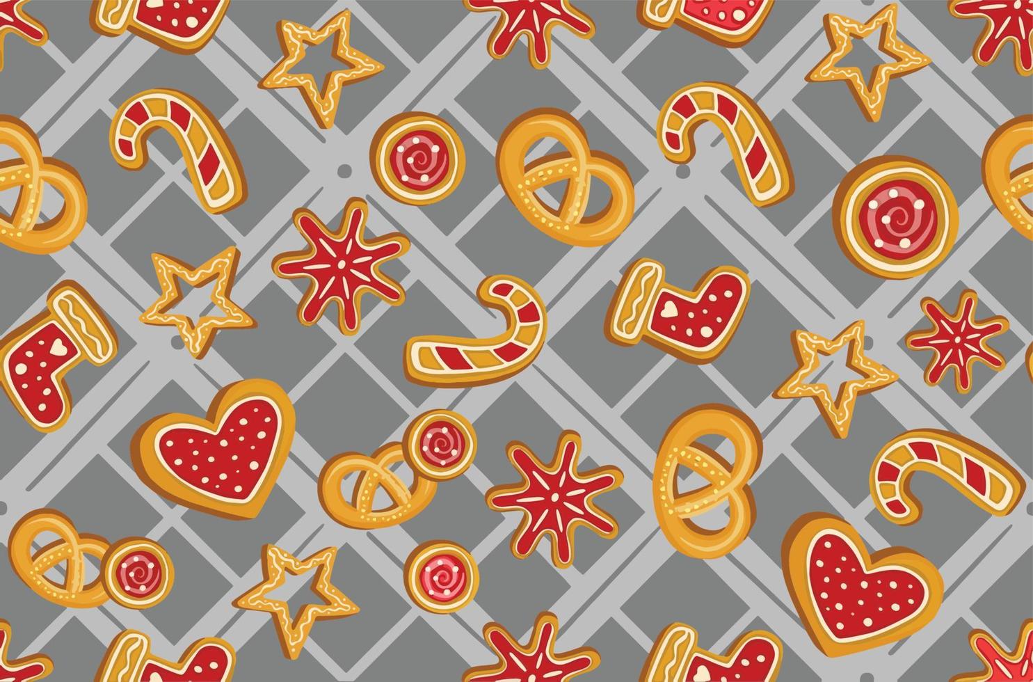 padrões sem emenda de inverno com biscoitos de gengibre. fundo de férias incrível. textura de repetição de natal para design de superfície, papéis de parede, tecidos, papel de embrulho etc. vetor