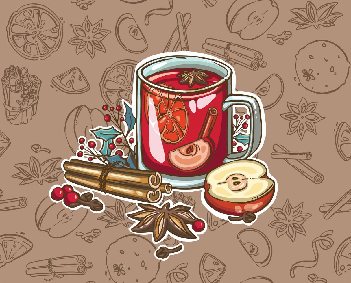 vinho quente de natal em aquarela. copo de vinho pintado à mão, canela, pão de gengibre e ramo de abeto isolado no fundo branco. ilustração de inverno para design, impressão, tecido. vetor
