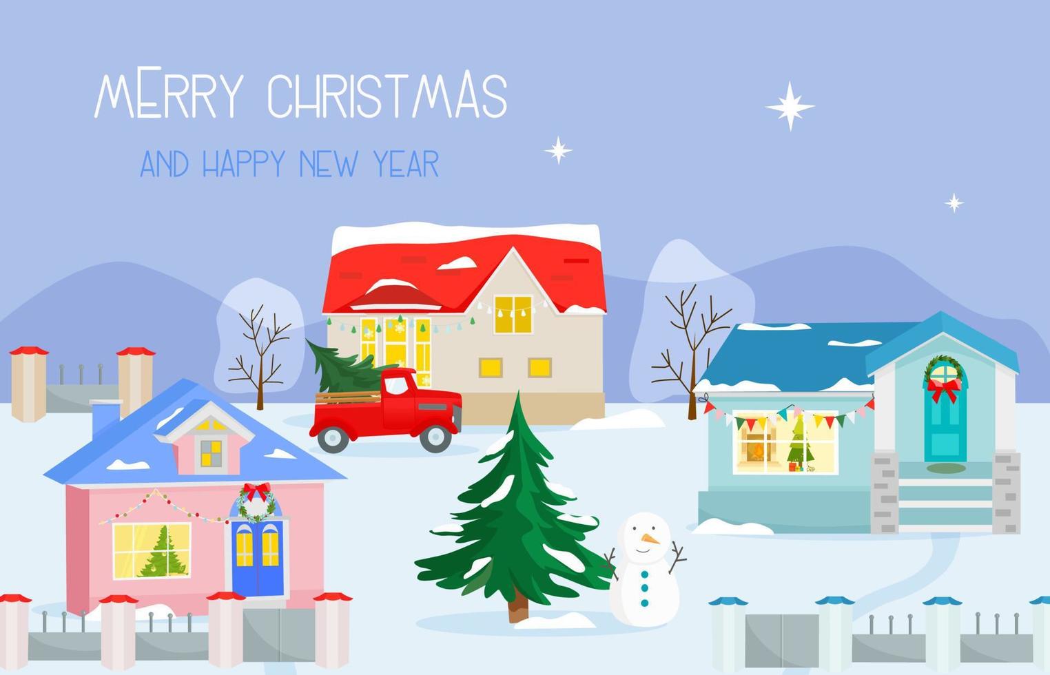 dia de natal na paisagem de aldeia com casas, árvore de natal e boneco de neve, fundo de inverno vetor
