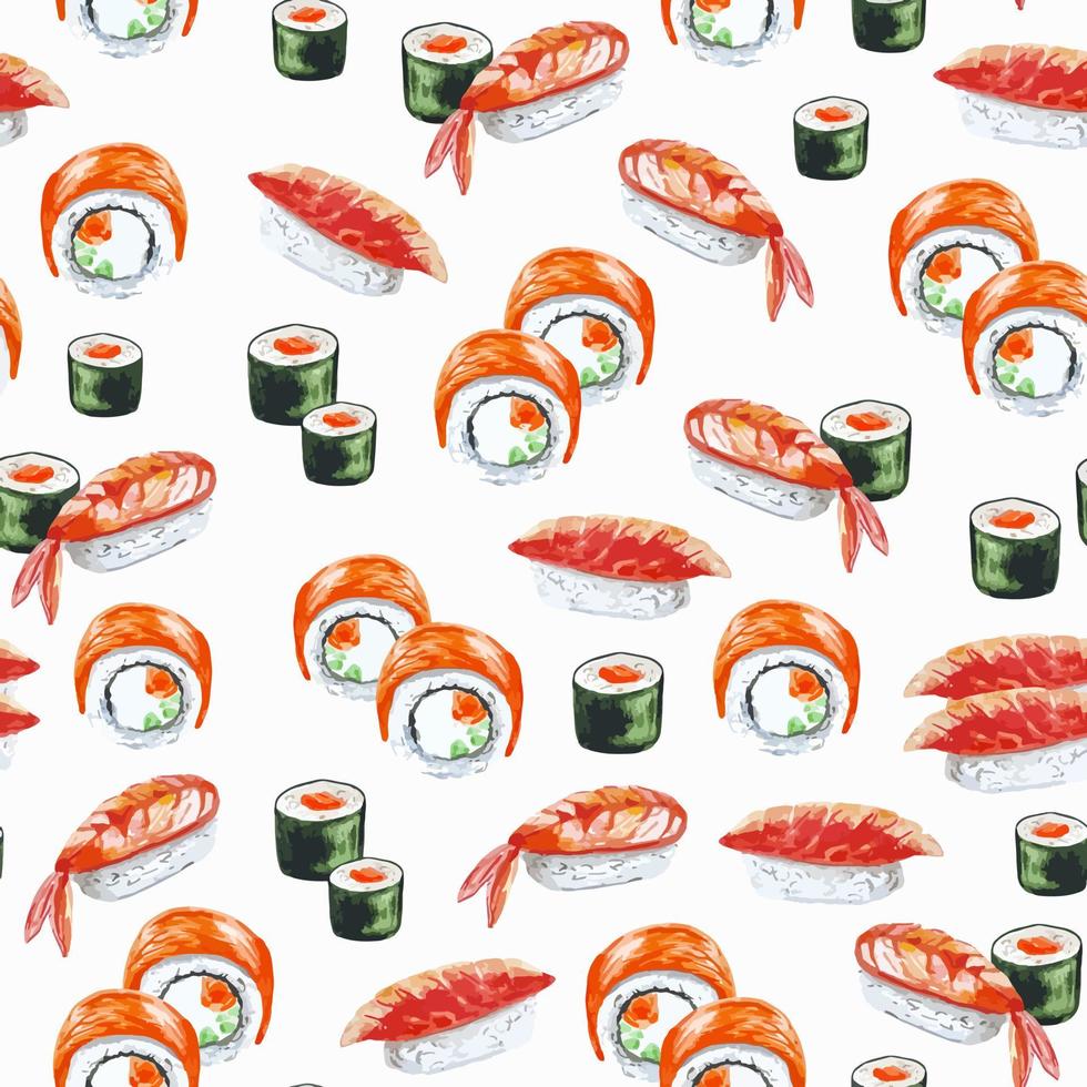 estética de sushi de comida asiática sem costura padrão aquarela para decoração, têxtil, menu vetor