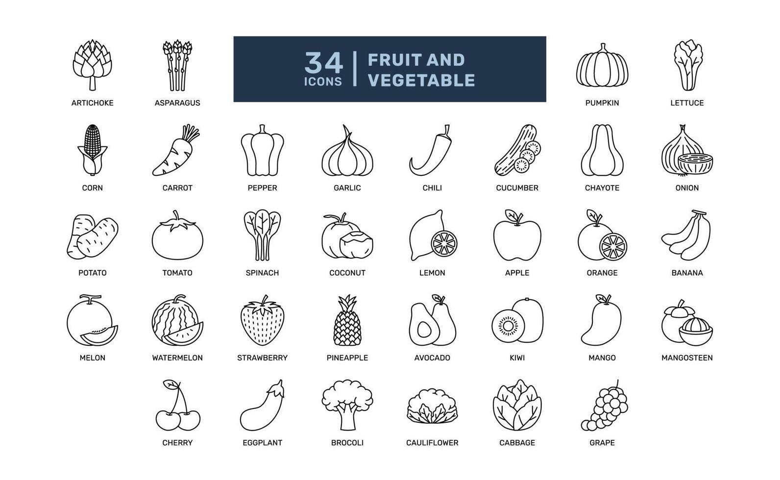 frutas e legumes salada natural fresca tropical mercearia alimentos detalhados conjunto de ícones de contorno de linha fina. ilustração vetorial simples vetor