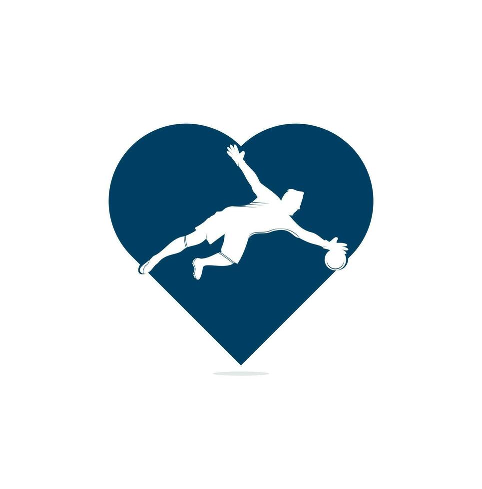 logotipo do conceito de forma de coração de jogador goleiro. jogador de futebol moderno em logotipo de ação - salvo pelo goleiro vetor