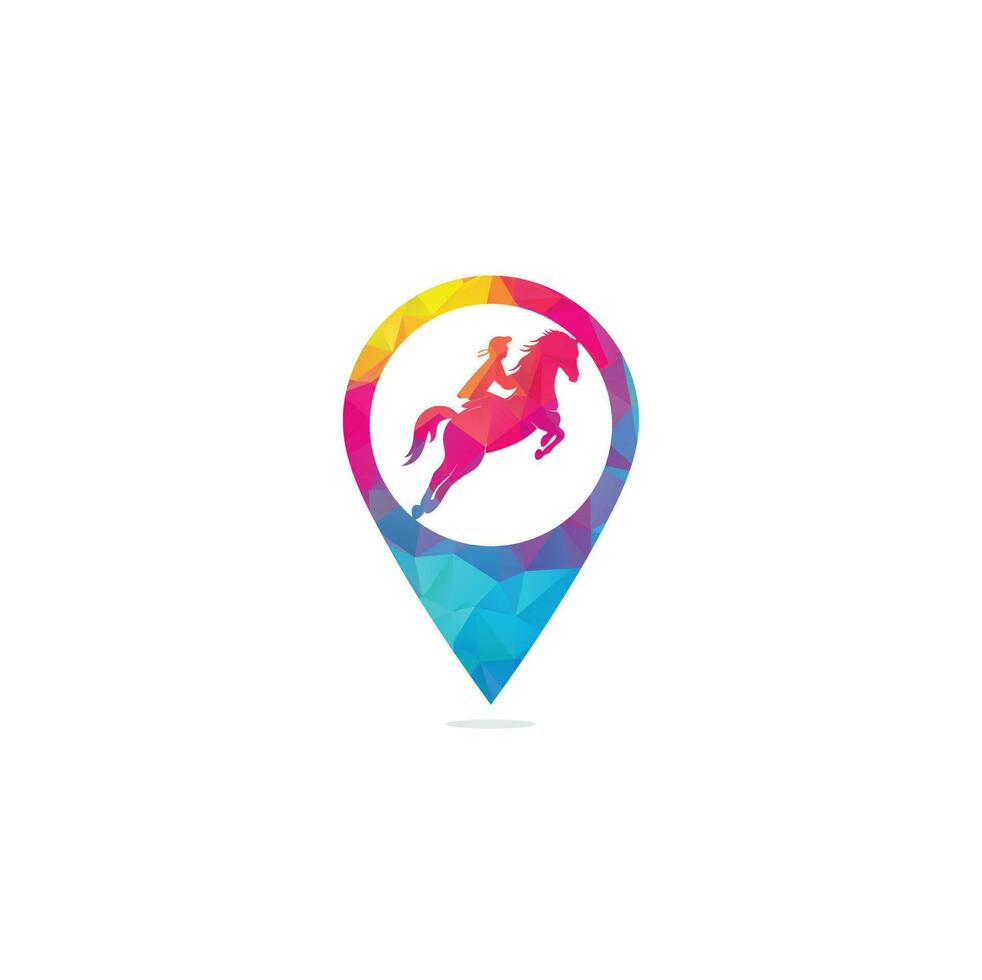 cavalo de corrida com ícones de design de logotipo de jóquei. logotipo do esporte equestre. jóquei cavalgando cavalo pulando. logotipo do conceito de forma de pino de mapa de equitação. vetor
