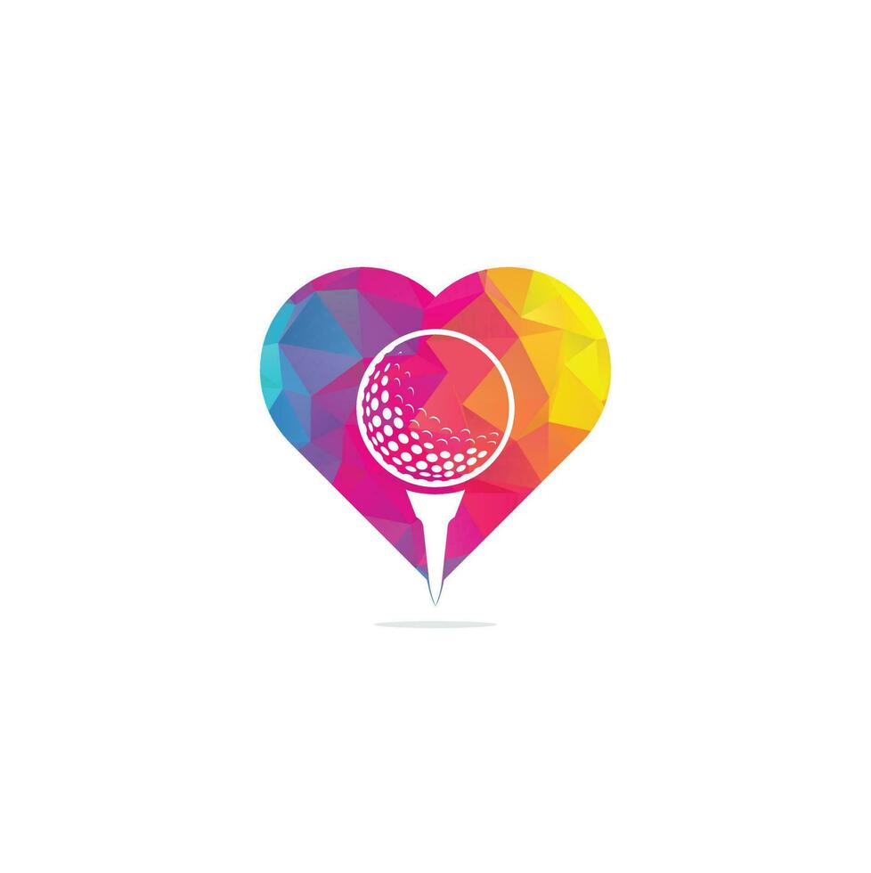 bola de golfe no logotipo do conceito da forma do coração do tee isolado no fundo branco. vetor