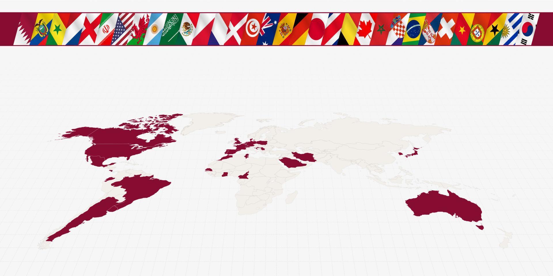 mapa do mundo com os participantes de competições internacionais de futebol destacados no mapa. uma coleção de bandeiras. vetor