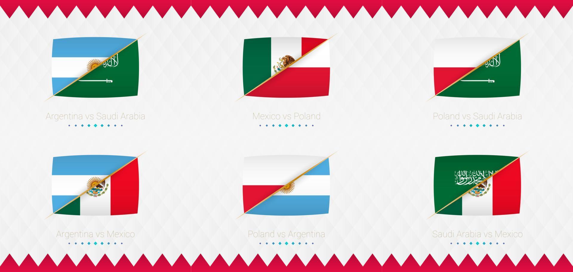 um conjunto de ícones de jogo do grupo c do torneio internacional de futebol de 2022, a bandeira e um conjunto de ícones de jogo em um fundo abstrato. vetor