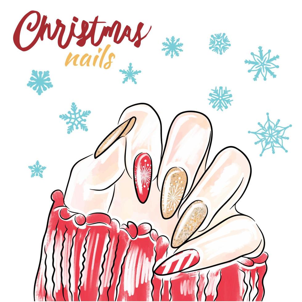 unhas de natal na cor vermelha, mão desenhada, manicure vetor