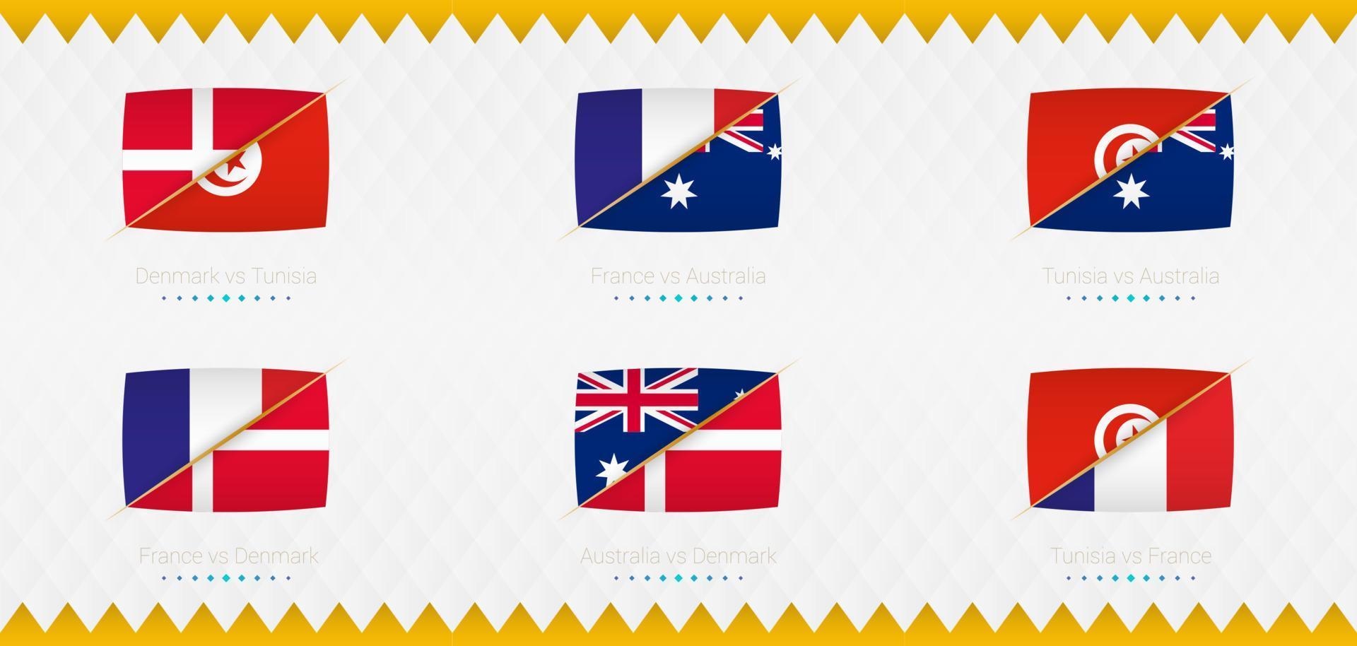 um conjunto de ícones de jogo do grupo d do torneio internacional de futebol de 2022, a bandeira e um conjunto de ícones de jogo em um fundo abstrato. vetor