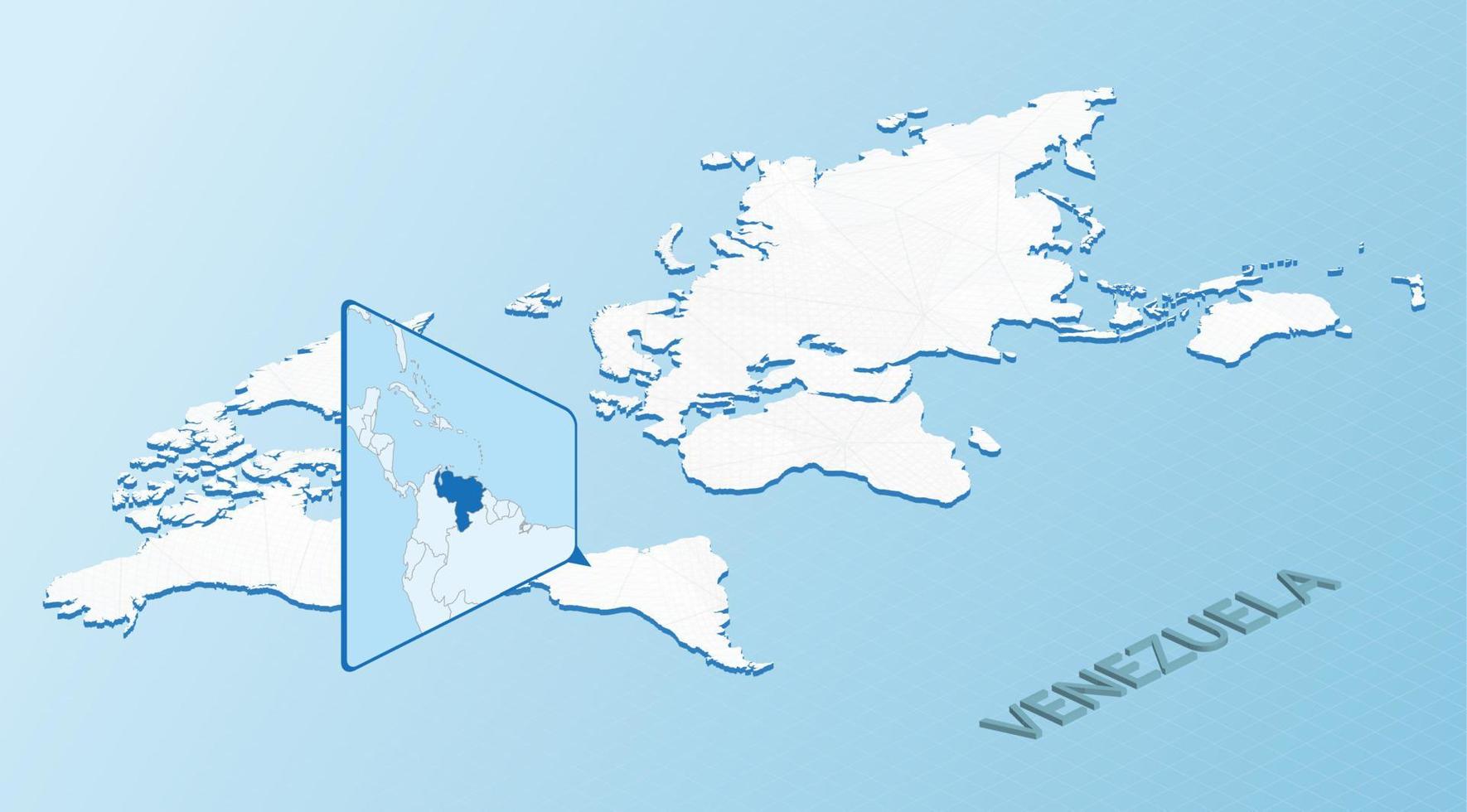 mapa-múndi em estilo isométrico com mapa detalhado da venezuela. mapa azul claro da venezuela com mapa-múndi abstrato. vetor