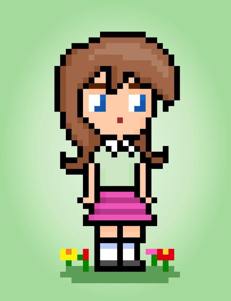 Pixel de 8 bits dos personagens de garotas fofas. mulheres dos desenhos animados em ilustrações vetoriais. vetor