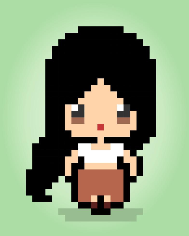 Garota de pixels de 8 bits com cabelo comprido, fêmea para ativos de jogo e padrões de ponto cruz em ilustrações vetoriais. vetor