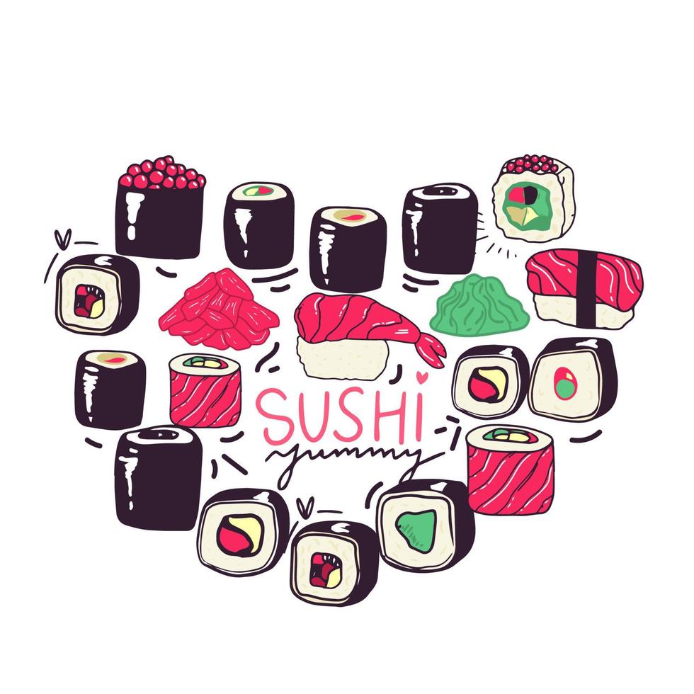 sushi definido em branco. isolado no branco em forma de coração vetor