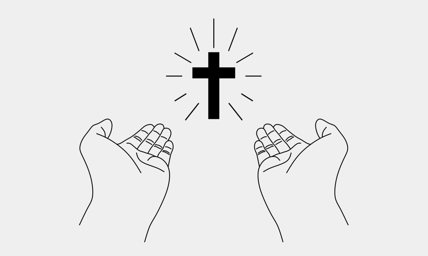 mãos e estilo de rabisco de arte de linha mininal cruzada. fé, espírito, cristão, elemento de design vetorial católico vetor