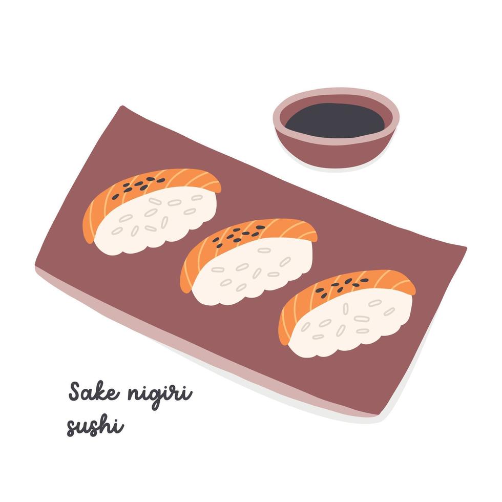 Prato de sushi de saquê nigiri com molho de soja. ilustração plana de comida asiática japonesa tradicional em fundo branco isolado vetor