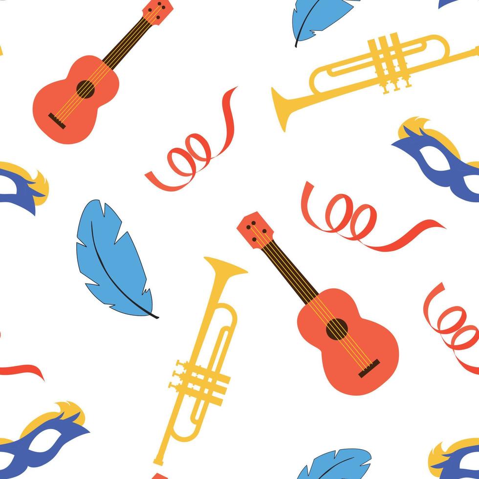 ukulele de padrão de carnaval sem costura, trompete, máscara, penas. ilustração vetorial. vetor