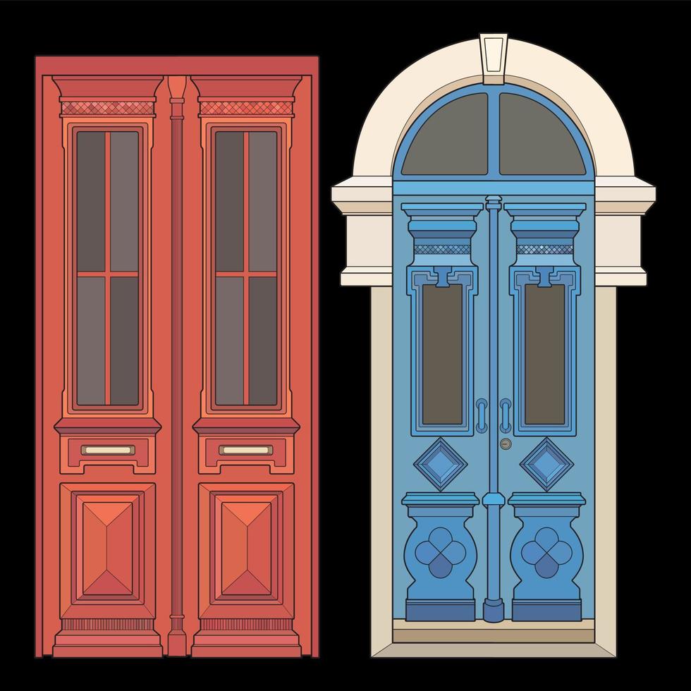 conjunto de arte vetorial de porta velha. velha porta isolada em fundo bacl. porta velha em vetor de estilo. para livro de colorir