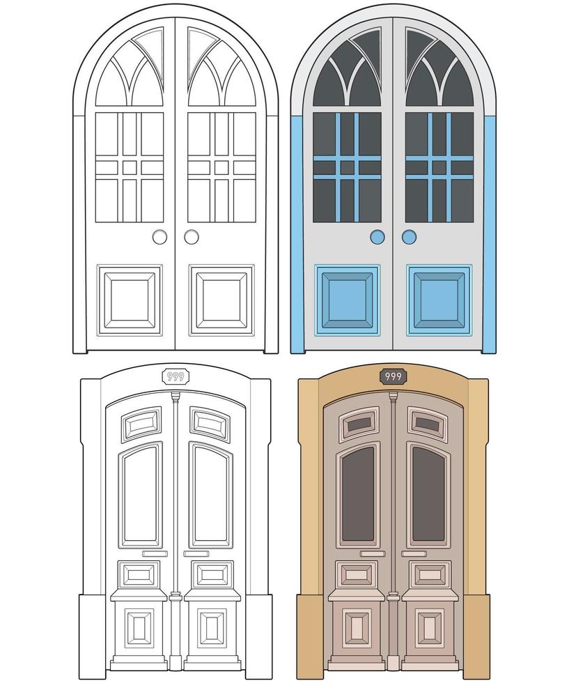 conjunto de arte vetorial de porta velha. velha porta isolada no fundo branco. porta velha em vetor de estilo de arte de linha. para livro de colorir