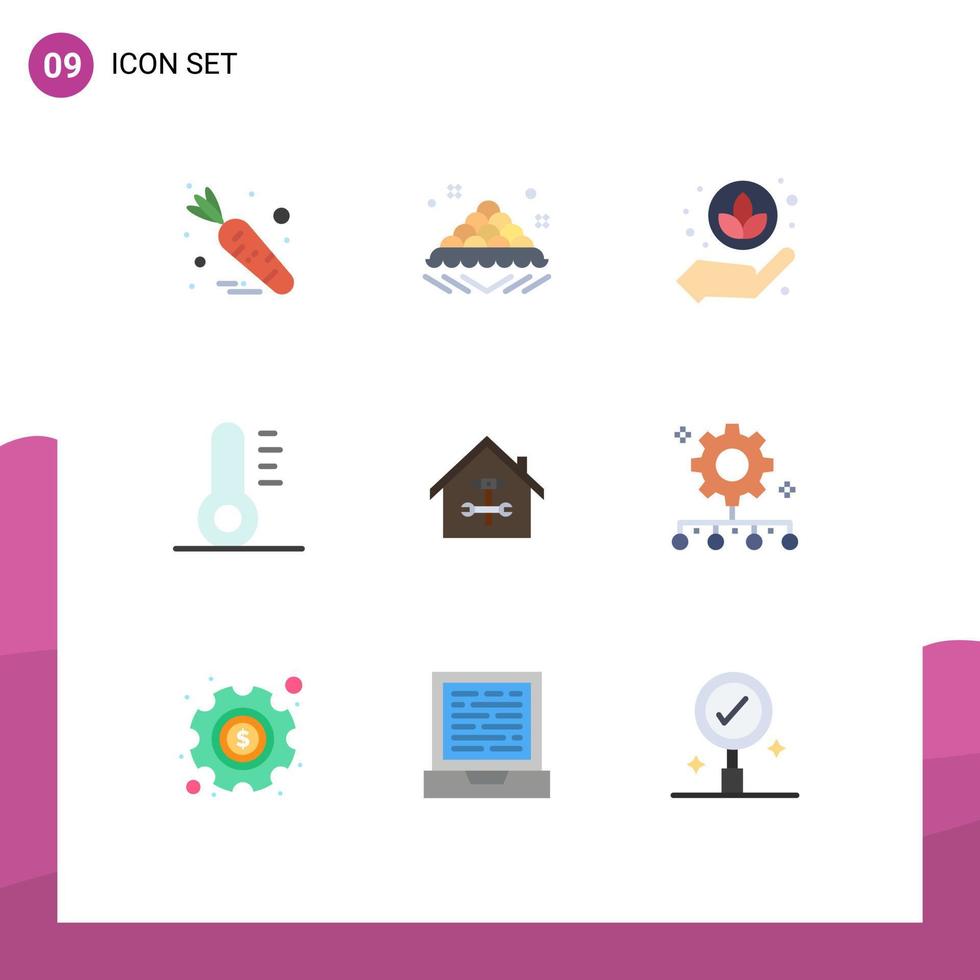 pacote de 9 sinais e símbolos modernos de cores planas para mídia impressa na web, como construção de martelo, planta, construção de elementos de design vetorial editáveis de férias vetor