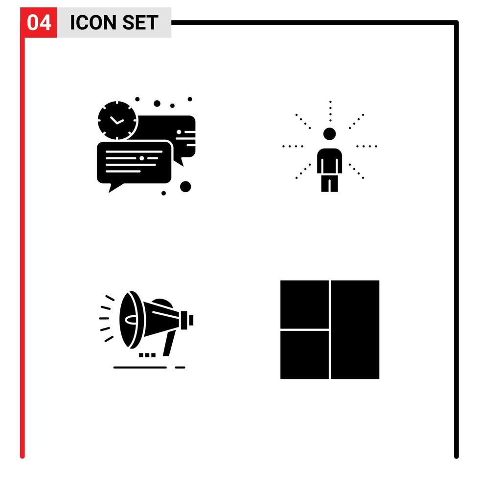 pacote de interface de usuário de 4 glifos sólidos básicos de mensagem de sentido de bolha sinta elementos de design de vetores editáveis de alto-falante