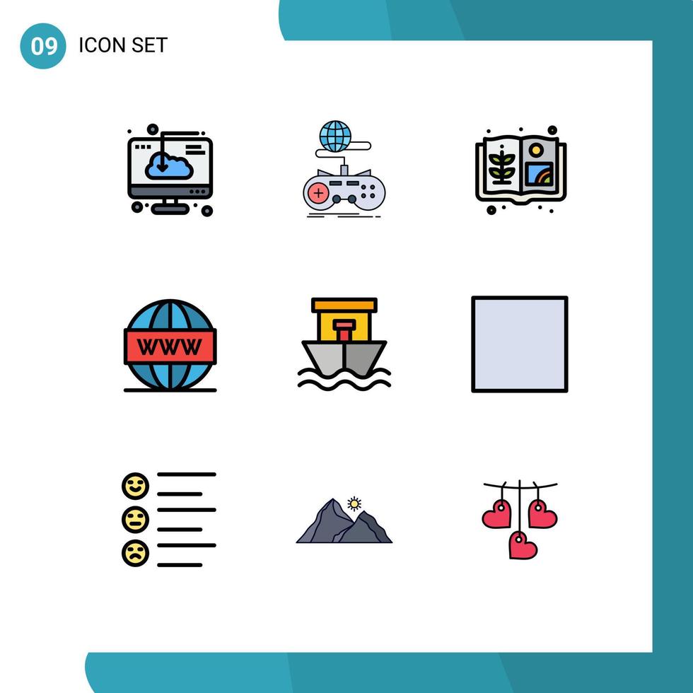 pacote de 9 sinais e símbolos modernos de cores planas de linha preenchida para mídia de impressão na web, como elementos de design de vetores editáveis de fazenda de mídia multijogador de pesquisa na web