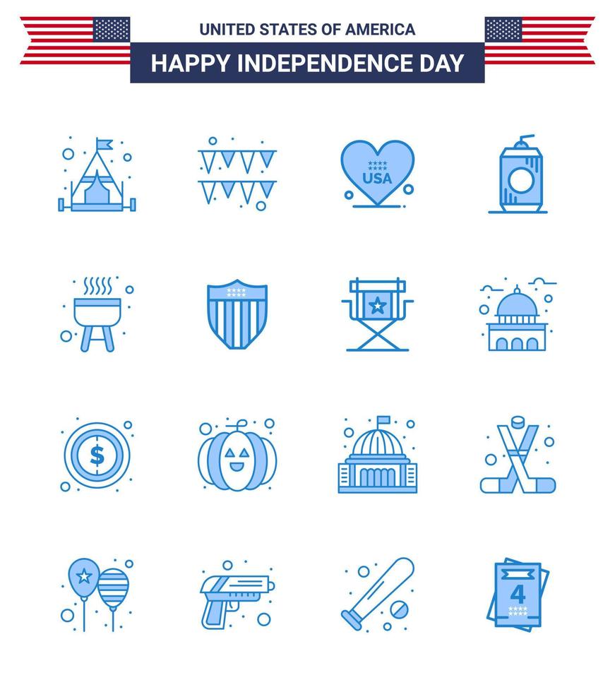 16 sinais azuis dos eua símbolos de celebração do dia da independência do churrasco americano bebida de churrasco americano editável elementos de design do vetor do dia dos eua
