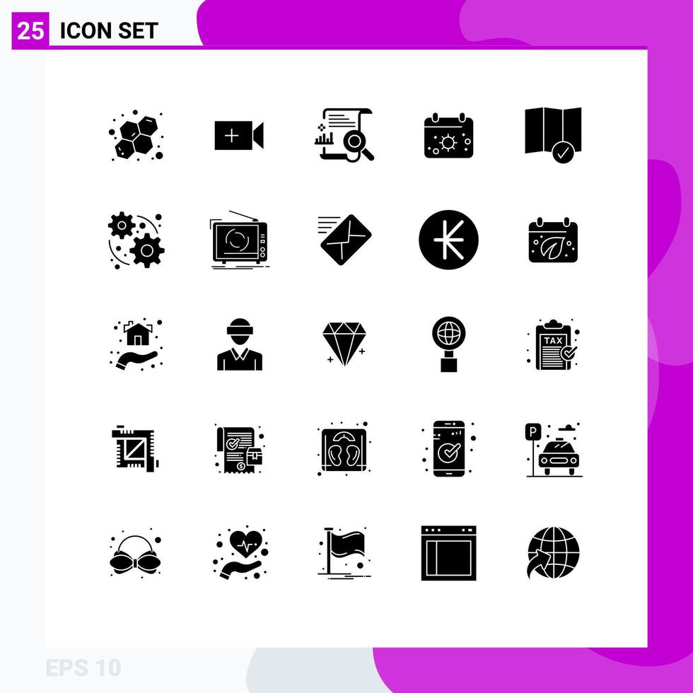 pacote de glifos sólidos de 25 símbolos universais de verificação de mapa em arquivo elementos de design de vetores editáveis de calendário solar