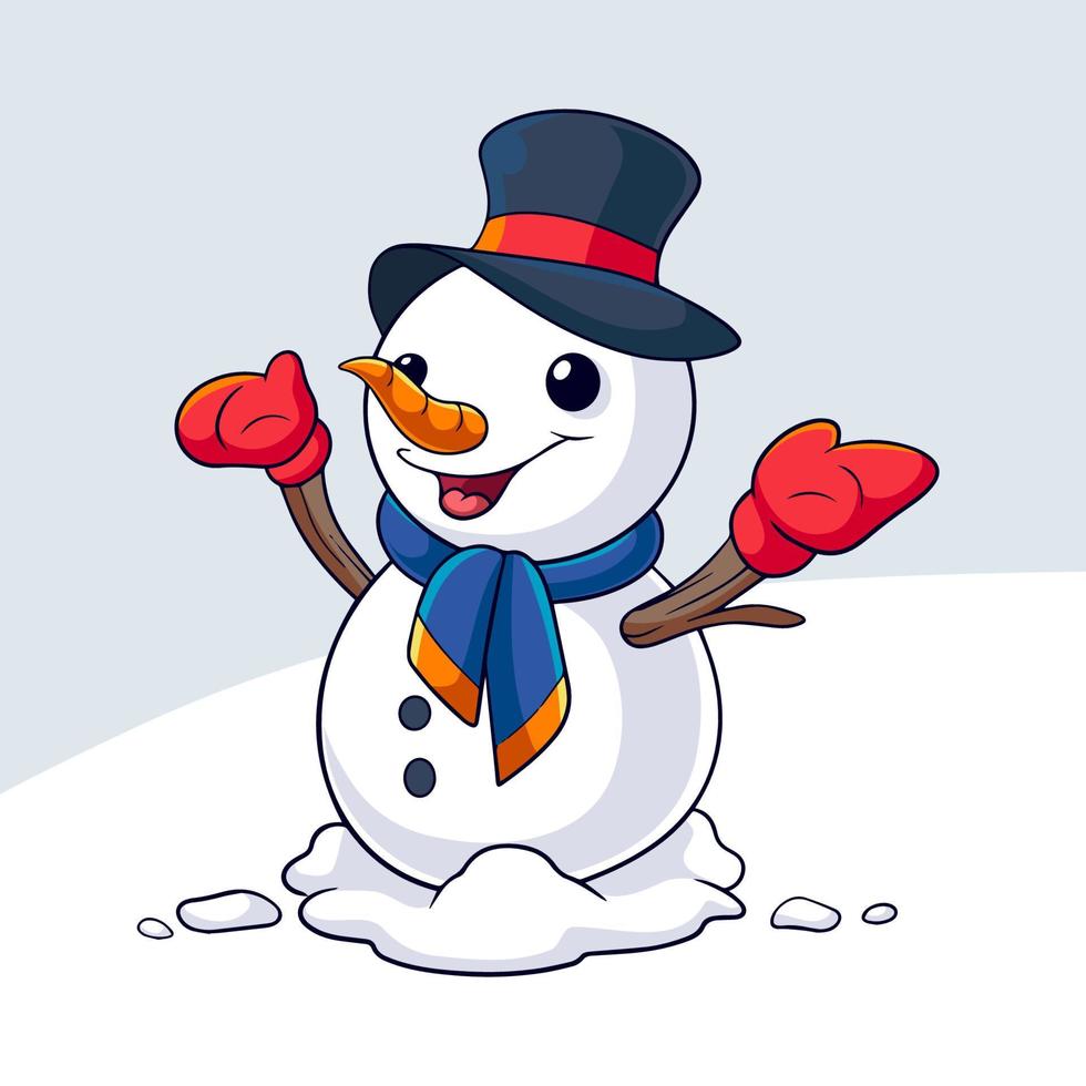 desenho de boneco de neve está feliz e acenando na queda de neve vetor