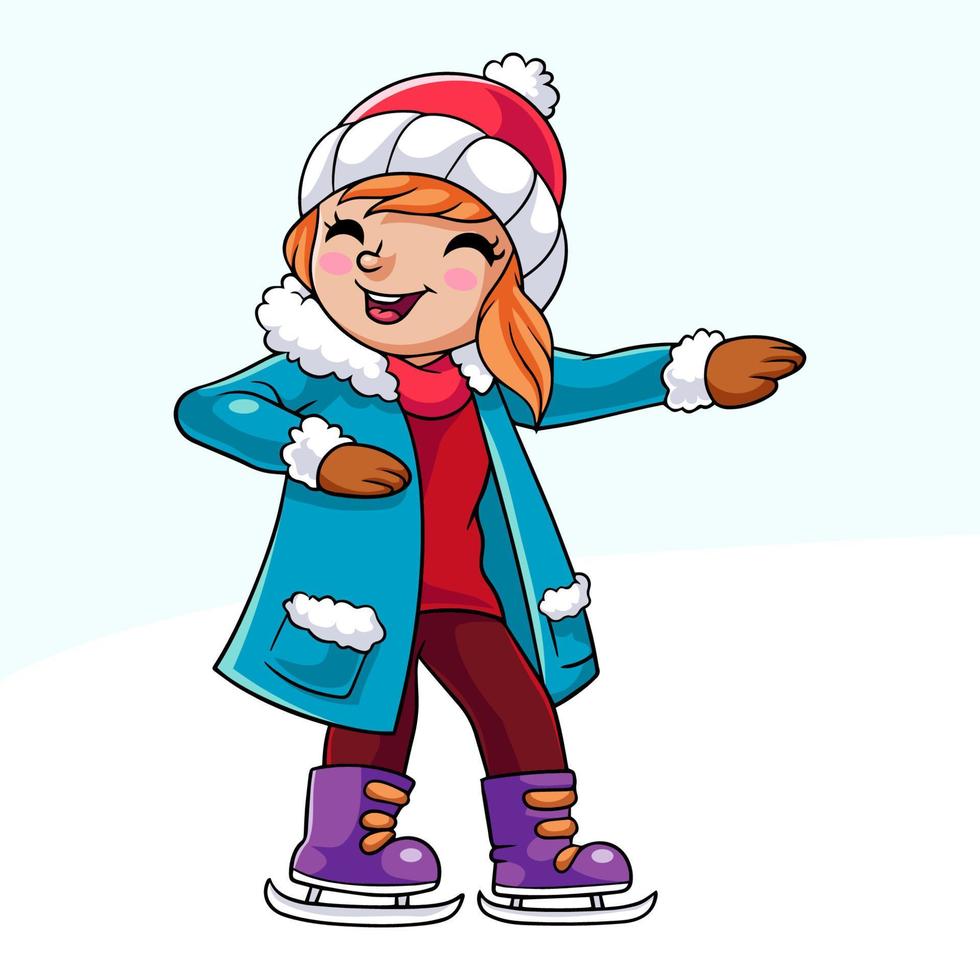 menina feliz dos desenhos animados em roupas de inverno jogando patins de gelo vetor
