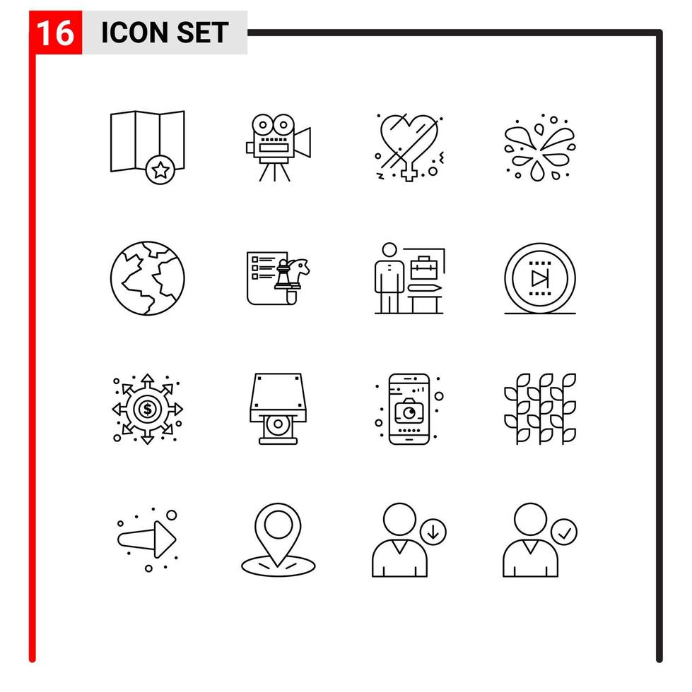 grupo de símbolos de ícone universal de 16 contornos modernos de xadrez planeta gênero terra parque elementos de design de vetores editáveis