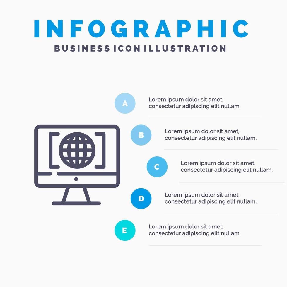 ícone da linha de pensamento grande do mundo da Internet do computador com fundo de infográficos de apresentação de 5 etapas vetor