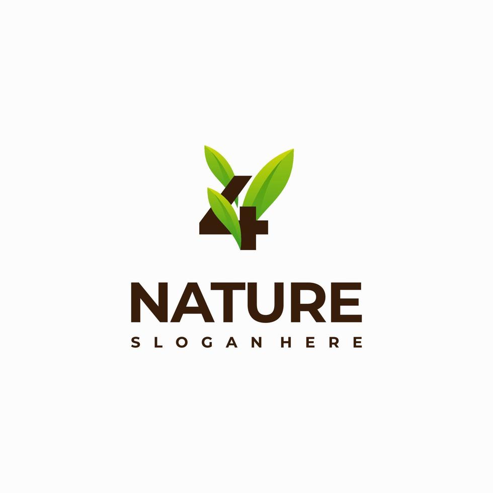 4 designs de logotipo de natureza inicial de folha de número, ilustração de ícone de vetor de logotipo de natureza verde de número moderno