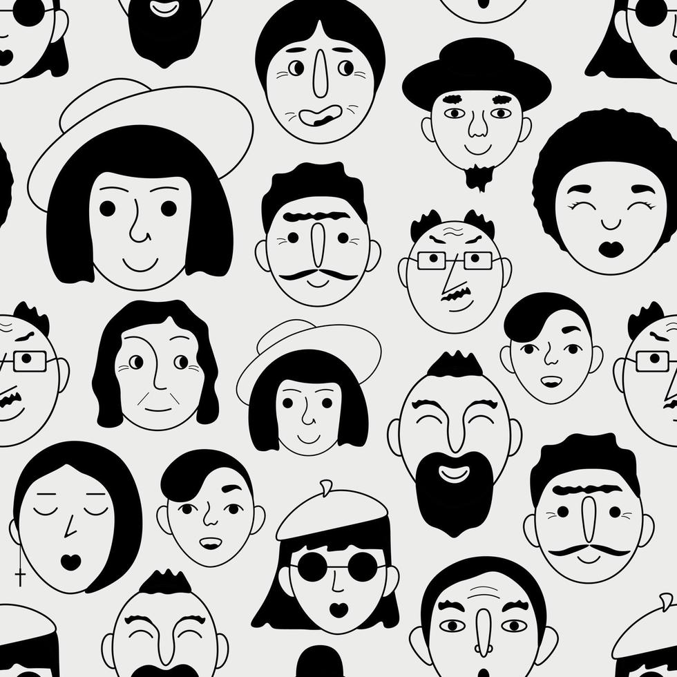 padrão sem emenda. rostos das pessoas. um padrão representando os rostos de pessoas com emoções diferentes. avatares de pessoas em um vetor de fundo branco
