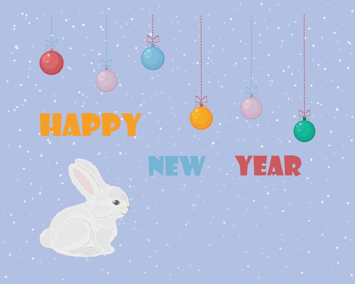 o coelhinho do natal. um cartão de natal com a foto de um coelho sentado em um fundo de flocos de neve e brinquedos de árvore de natal. cartão de feliz ano novo. ilustração vetorial vetor