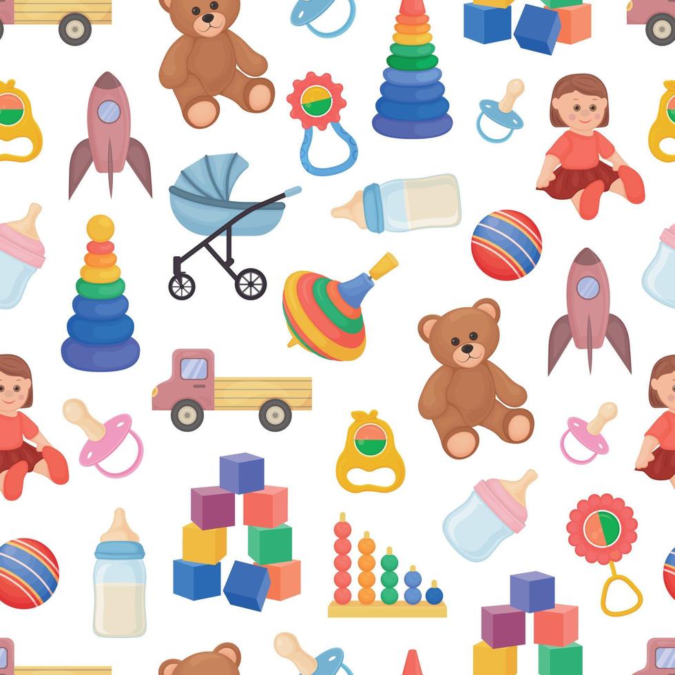 padrão de brinquedos para crianças. padrão sem emenda com a imagem de brinquedos como um urso, um pacote, um carro, cubos e também um chocalho de chupeta e uma pirâmide. ilustração vetorial de padrão infantil vetor