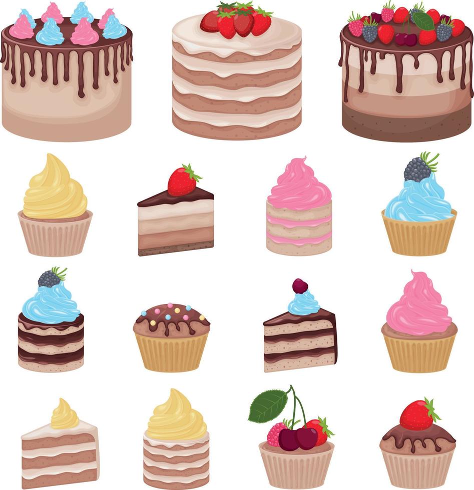 bolos e doces. um grande conjunto de bolos e bolos decorados com chantilly, cremes doces e frutas vermelhas. ilustração vetorial vetor