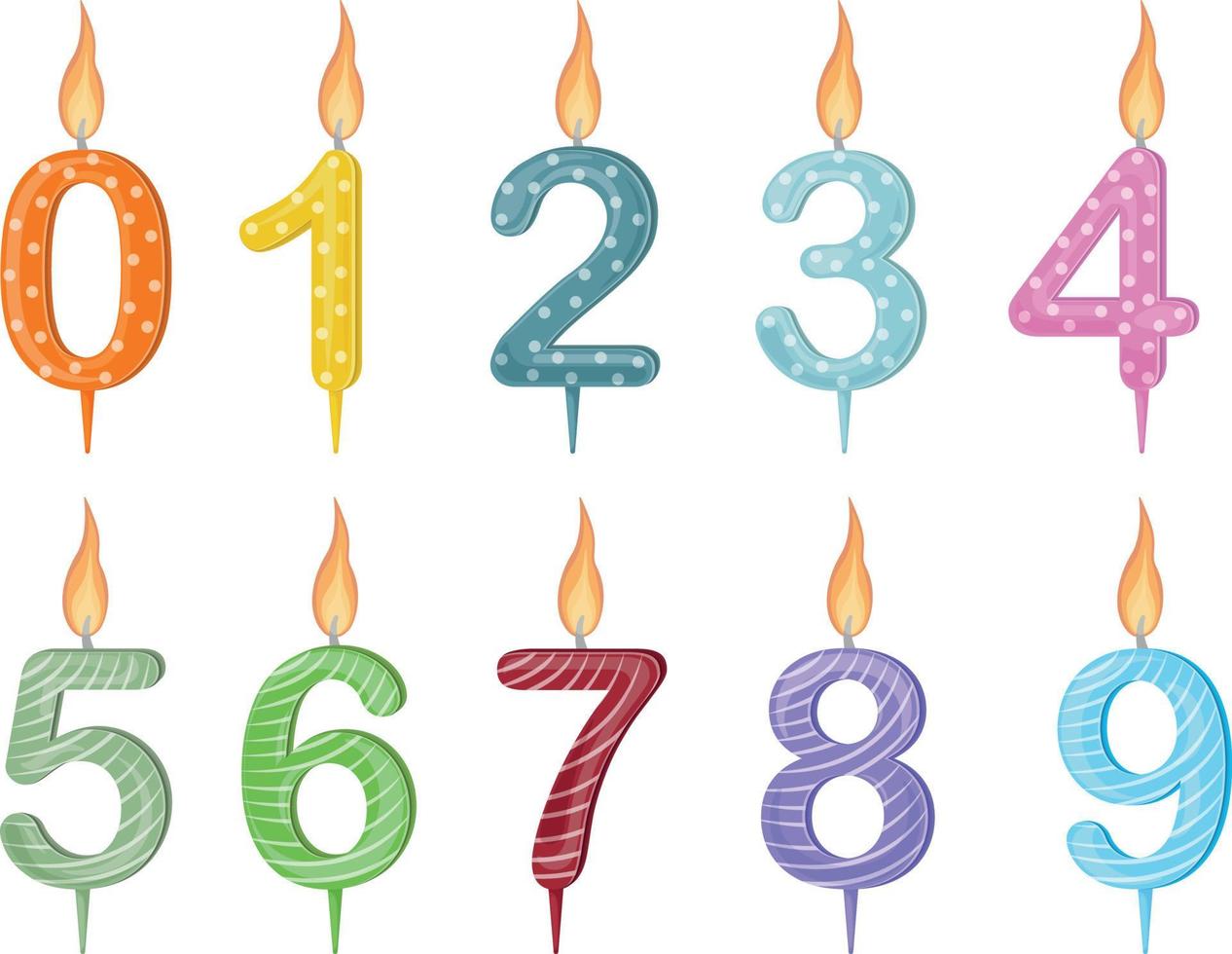 figuras de velas para o bolo. velas festivas coloridas em forma de números, para decoração de bolos. acessórios brilhantes para o feriado. ilustração vetorial vetor