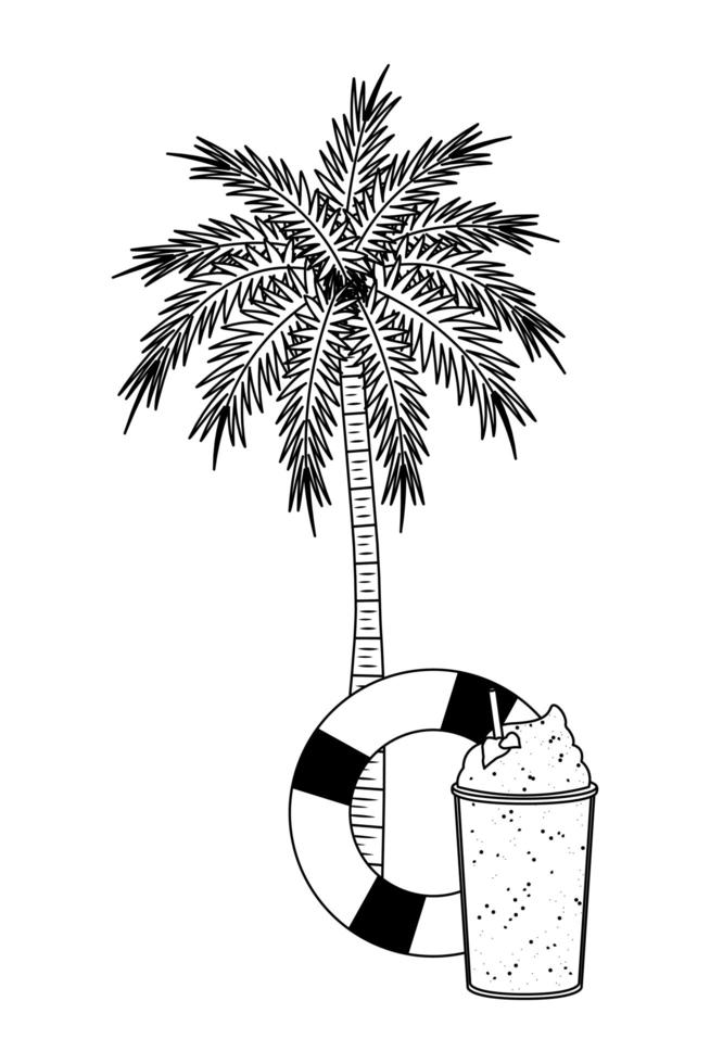 desenho animado de verão praia e férias em preto e branco vetor