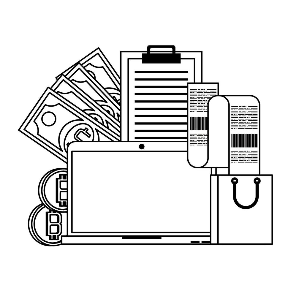 símbolos de pagamento online criptomoeda bitcoin em preto e branco vetor