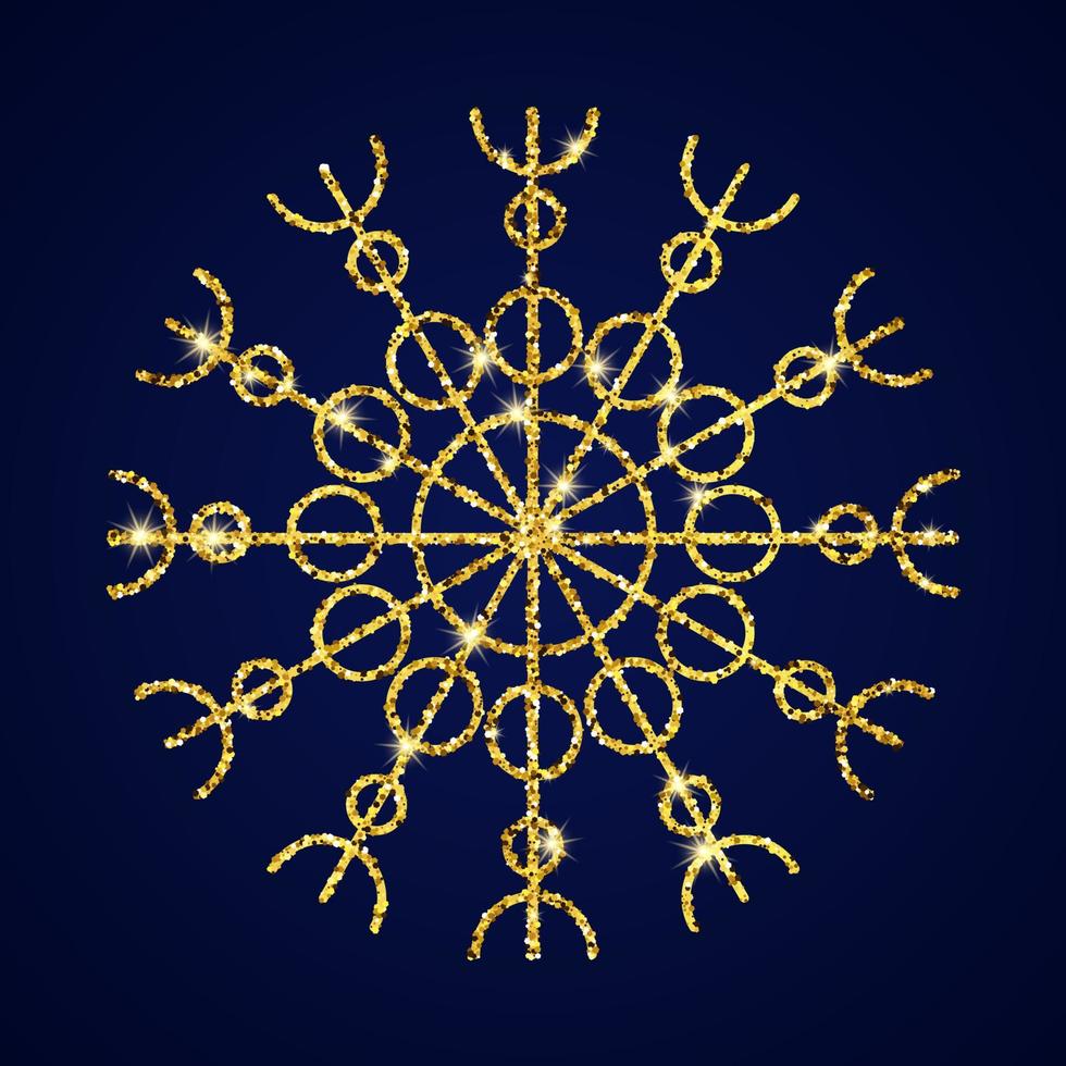 floco de neve de glitter dourados sobre fundo azul escuro. elementos de decoração de natal e ano novo. ilustração vetorial. vetor