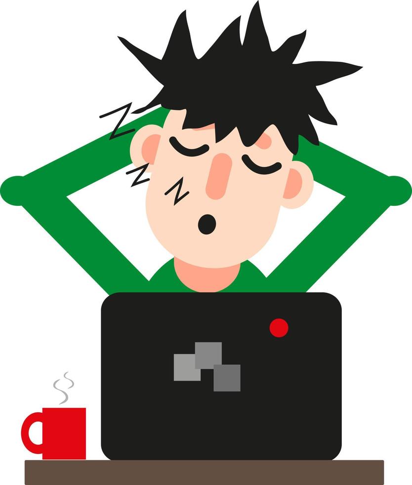homem na frente de um computador dormindo, ícone, vetor sobre fundo branco.