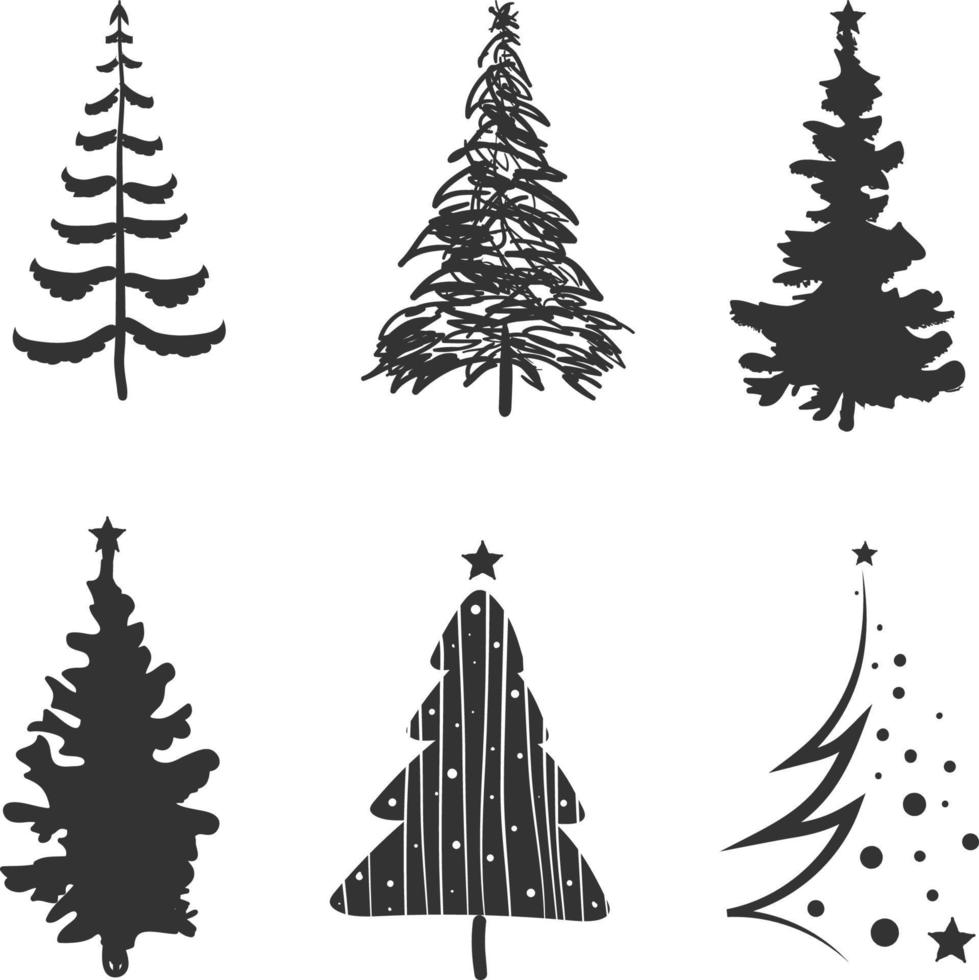 silhueta da árvore de natal conjunto ilustração desenhada à mão sobre fundo branco vetor