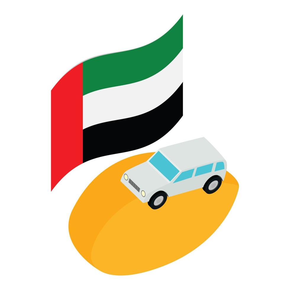 vetor isométrico do ícone do conceito dos Emirados Árabes Unidos. Bandeira dos Emirados Árabes Unidos e ícone de carro de luxo