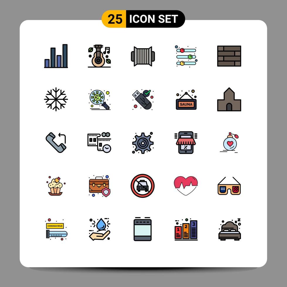 conjunto de pictogramas de 25 cores planas de linha preenchida simples de configuração de opções de acordeão de preferência de almofada de bloqueio elementos de design de vetores editáveis