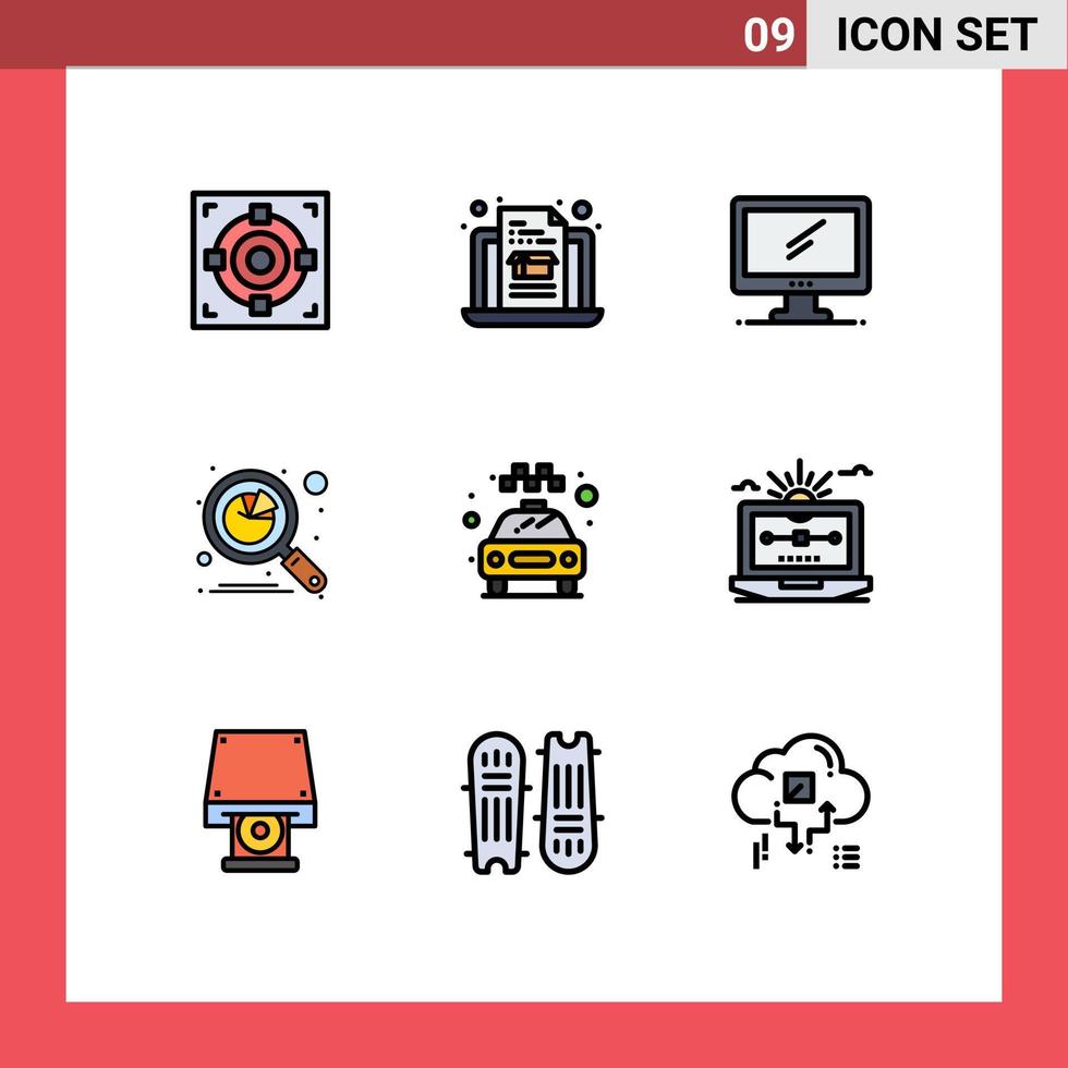 conjunto moderno de pictograma de 9 cores planas de linha preenchida de análise de dados de monitor de gráfico de carro elementos de design de vetores editáveis