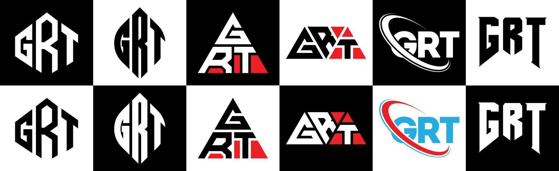 design de logotipo de letra grt em seis estilos. grt polígono, círculo, triângulo, hexágono, estilo plano e simples com logotipo de carta de variação de cor preto e branco definido em uma prancheta. grt logotipo minimalista e clássico vetor