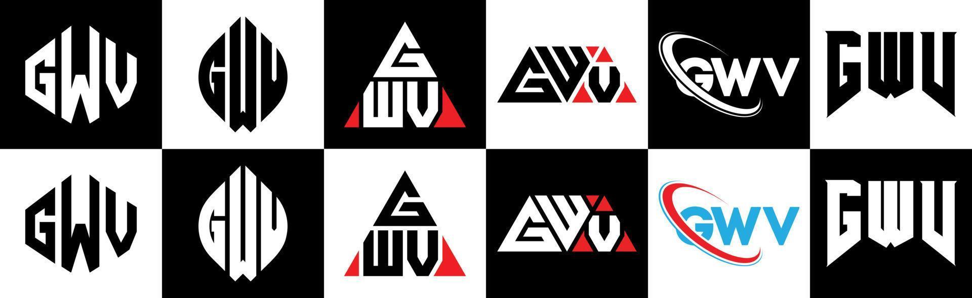 design de logotipo de carta gwv em seis estilos. polígono gwv, círculo, triângulo, hexágono, estilo plano e simples com logotipo de carta de variação de cor preto e branco definido em uma prancheta. gwv logotipo minimalista e clássico vetor