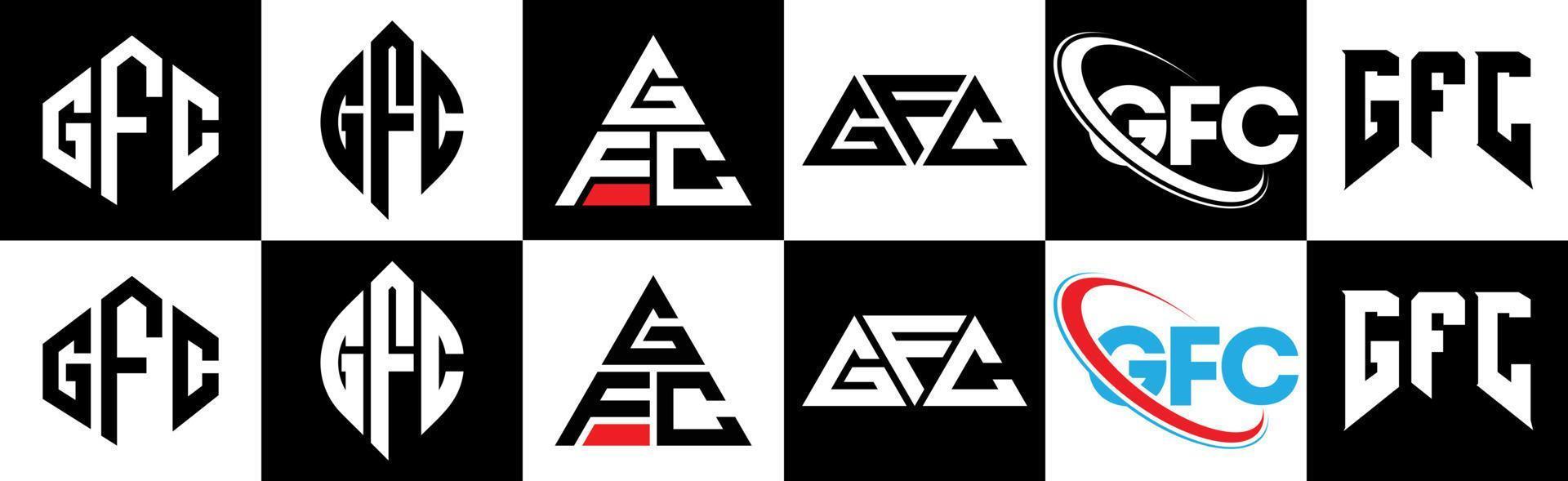 design de logotipo de carta gfc em seis estilos. gfc polígono, círculo, triângulo, hexágono, estilo plano e simples com logotipo de letra de variação de cor preto e branco definido em uma prancheta. gfc logotipo minimalista e clássico vetor